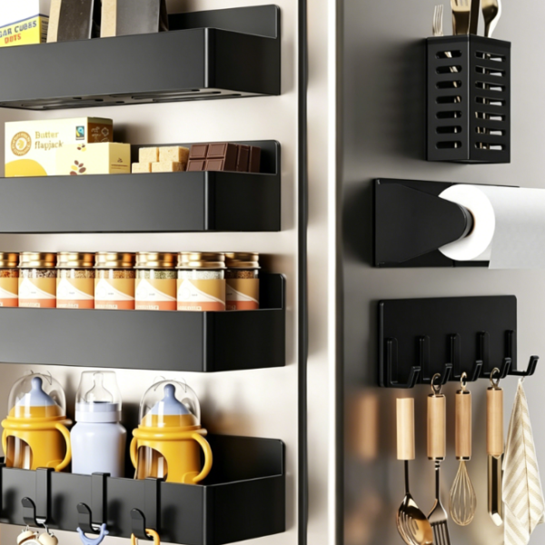 7-Piece Black Magnetic Refrigerator Organizer Set