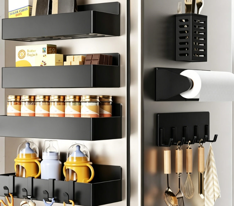 7-Piece Black Magnetic Refrigerator Organizer Set