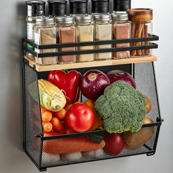 Magnetic Refrigerator Storage Bin With Wooden Lid