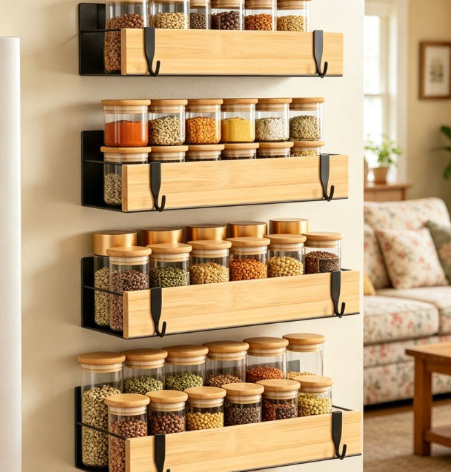 Bamboo-Style Magnetic Fridge Organizer Set (4-Piece) - Image 2