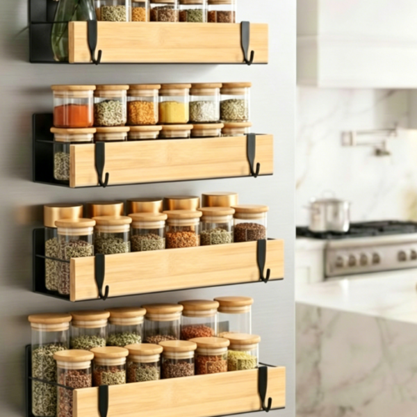 Bamboo-Style Magnetic Fridge Organizer Set (4-Piece)