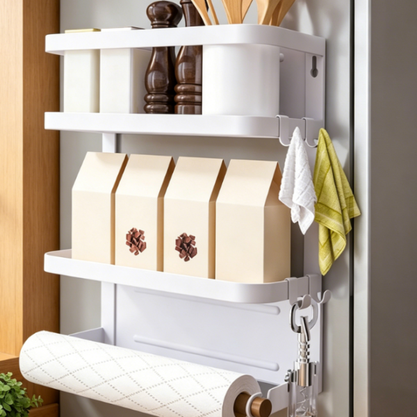 White Magnetic Fridge Organizer with Paper Towel Holder