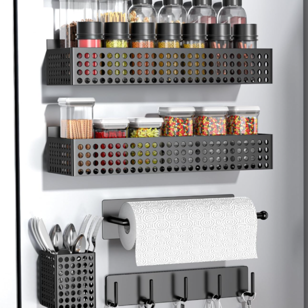 Double-Tier Magnetic Fridge Organizer with Paper Towel Holder