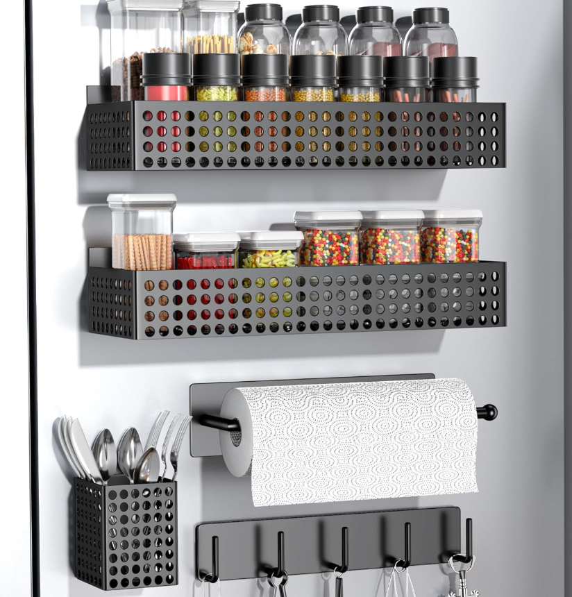 Double-Tier Magnetic Fridge Organizer with Paper Towel Holder